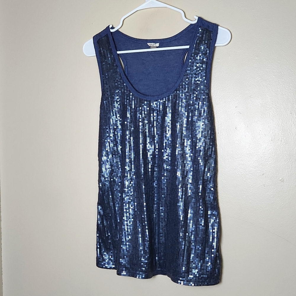 Fossil Full Sequined Front Blue Tank Top